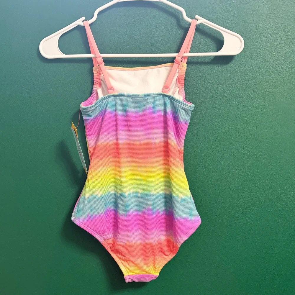 Cat & Jack Rainbow Glitter Ribbed 1pc UPF50 Swim Bathing Suit Large 10/12 NWT